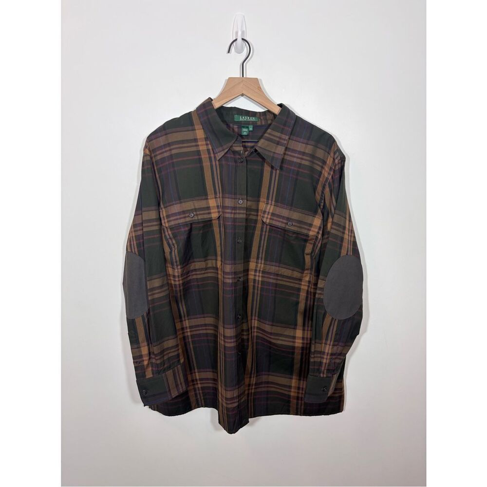 Lauren Ralph Lauren Women’s Button Up Dress Shirt Plaid 3X NWT Elbow Patches - Picture 1 of 12